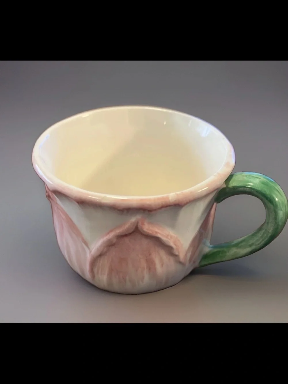 Hand-Painted Pink Floral Ceramic Mug with Green Handle